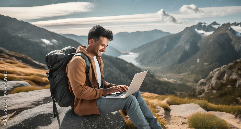 Freelancer working online while hiking in the mountains 