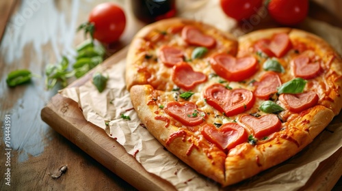 A Delectable Love Affair, A Heart-Shaped Pizza Captivatingly Rests on a Rustic Cutting Board