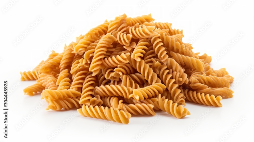 A close-up realistic photo of a heap of fusilli pasta on a white background Generative AI A close-up realistic photo of a heap of fusilli pasta on a white background Generative AI