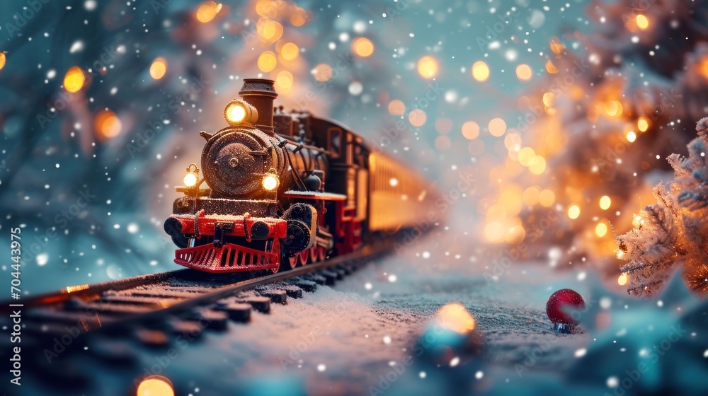 Enchanting Journey, A Magical Toy Train Meanders Through a Whimsical Snowy Forest