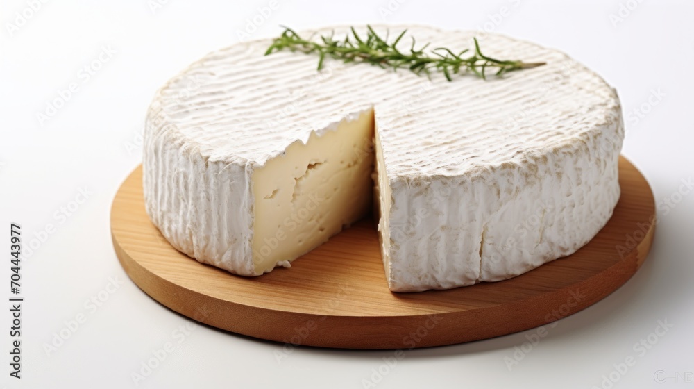 A flavorful goat cheese showcased in a close-up realistic photo against a white background Generative AI