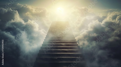 Ascension, A Serene Stairway Unfolding Amidst Billowing Clouds Towards the Heavens