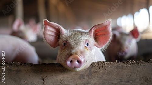 Pigs waiting feed, pig indoor on a farm yard. swine in the stall  © buraratn