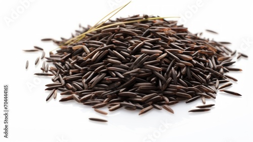 A small heap of wild rice captured in a close-up realistic photo against a white background Generative AI