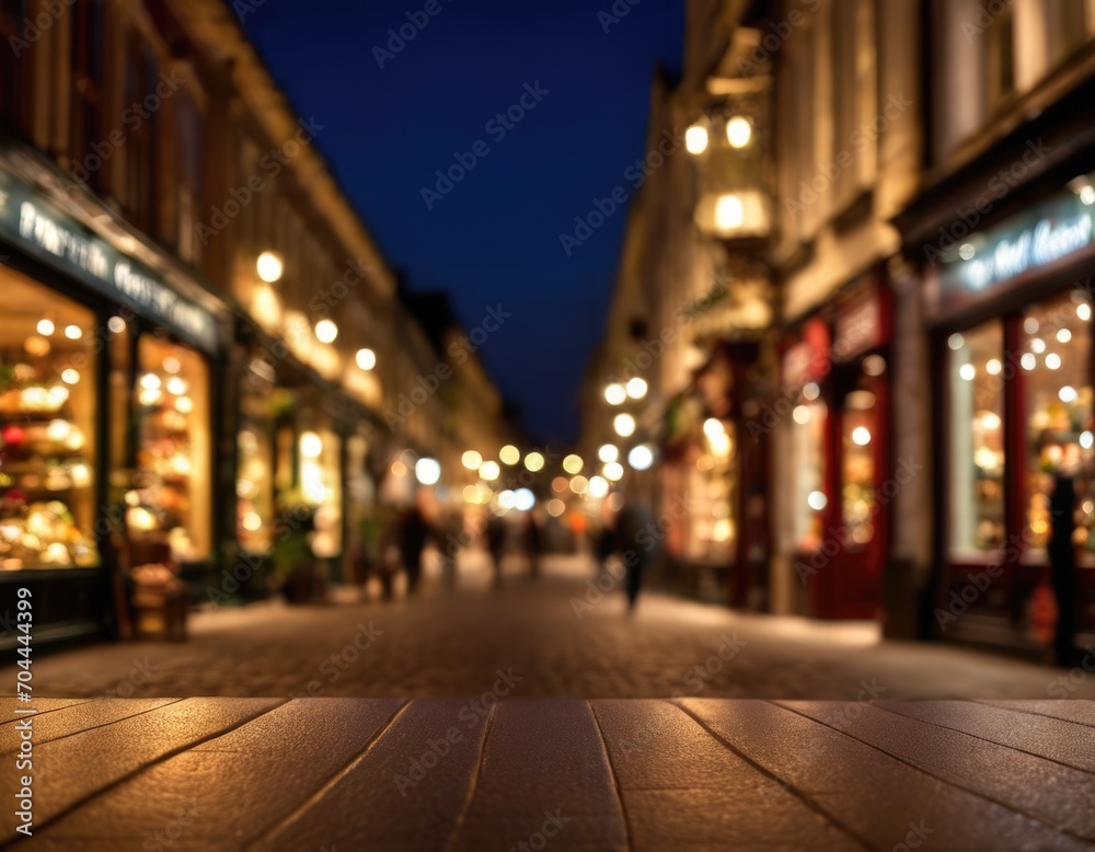 Night empty blurred city street background as a podium or platform for demonstrating goods