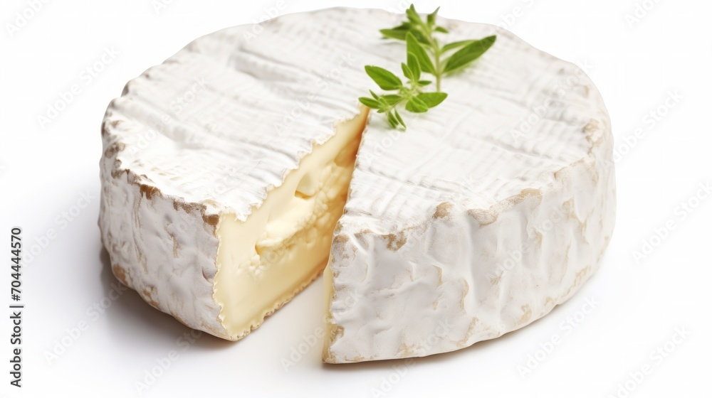 Close-up realistic photo featuring a soft camembert cheese against a white background Generative AI