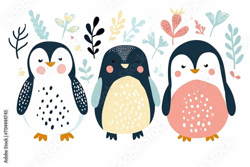 Very childish watercolor vintage cartoon cute and charming kawaii penguin clipart vector, organic forms with desaturated light and airy pastel color palette. Great as nursery art. photo