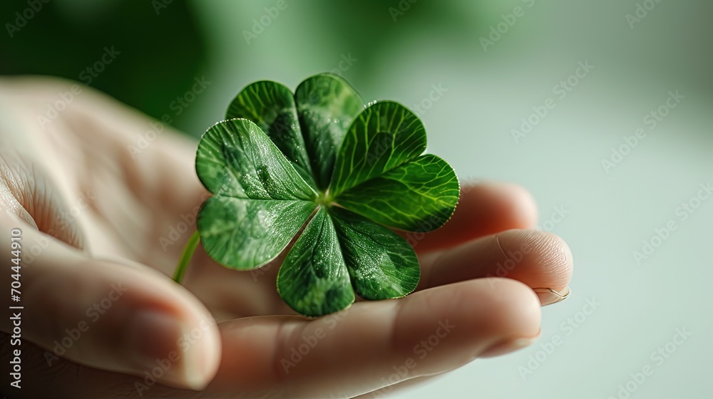 Lucky four leaf clover on hand. Get lucky, have a good day. Celebrate St. Patrick's day Lucky four leaf clover on hand. Get lucky, have a good day. Celebrate St. Patrick's day