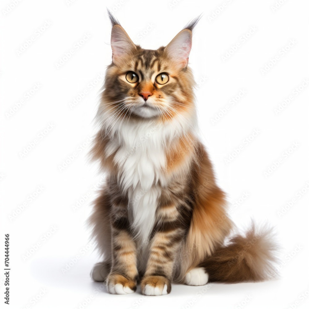 Content Maine Coon Cat sitting on a white background, fluffy fur, relaxed pose Generative AI
