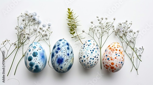 Eggs with tradition floral artistic ornaments painted for the bright holiday of Easter on a white background with spring herbs