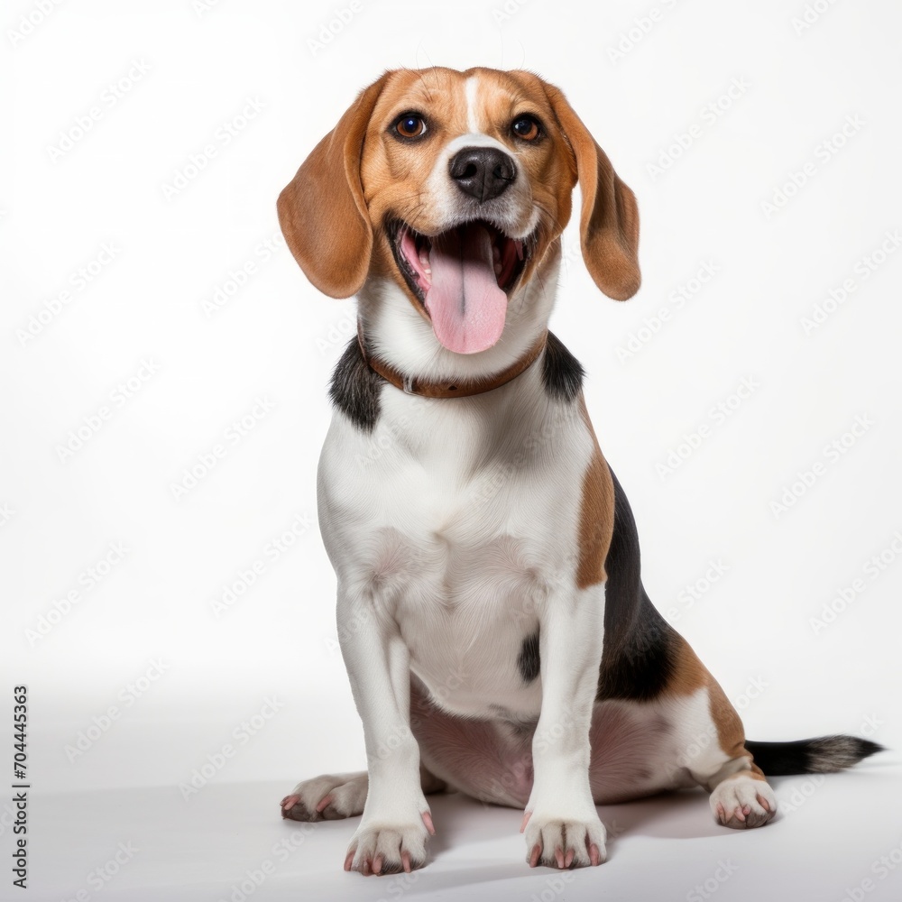 Playful Beagle sitting on a white background, perky ears, cheerful demeanor Generative AI