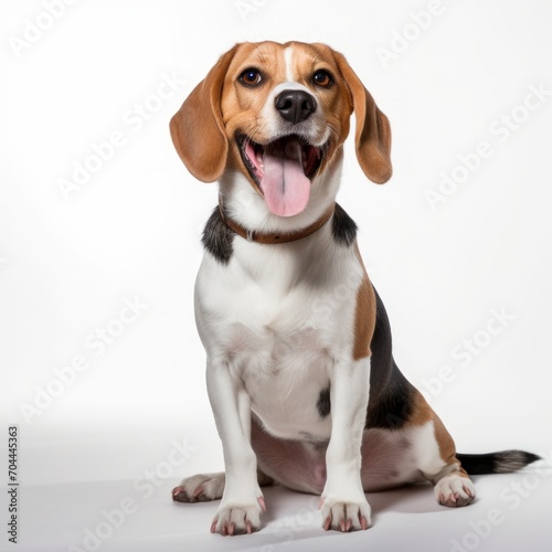 Playful Beagle sitting on a white background, perky ears, cheerful demeanor Generative AI © vadosloginov