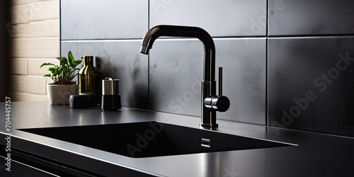 Black kitchen furniture with steel water tap, light and electric stove photographed in a stylishly elegant interior of a new hotel apartment.