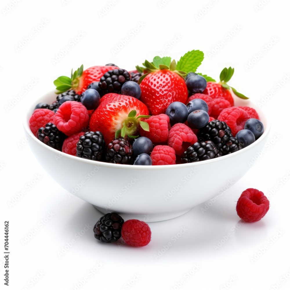 Stock image of a bowl of fresh mixed berries on a white background, antioxidant-rich and healthy snack Generative AI Stock image of a bowl of fresh mixed berries on a white background, antioxidant-rich and healthy snack Generative AI