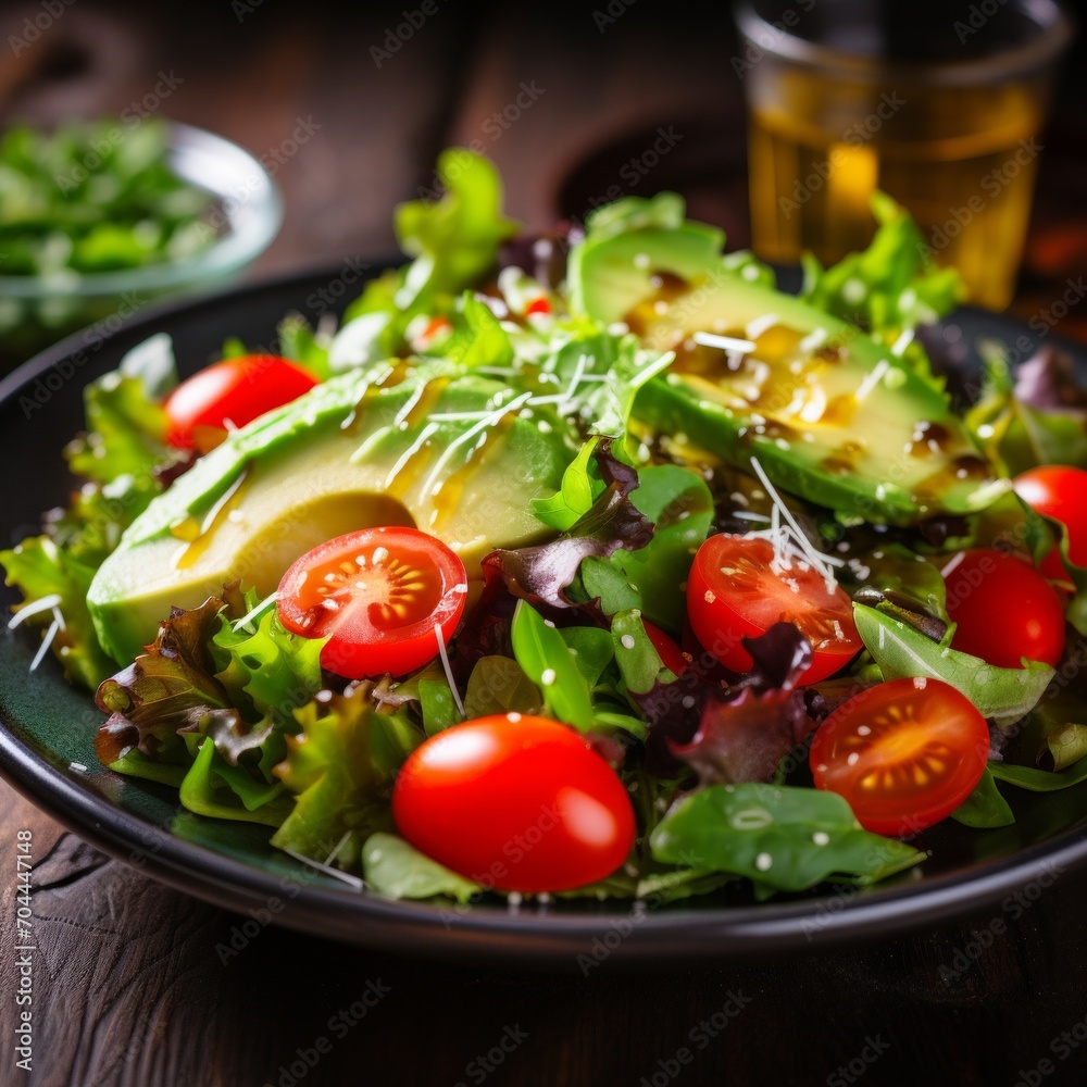 Stock image of a plate of fresh salad with mixed greens, cherry tomatoes, and avocado, healthy and appetizing Generative AI Stock image of a plate of fresh salad with mixed greens, cherry tomatoes, and avocado, healthy and appetizing Generative AI