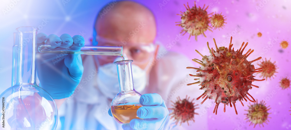 Man doctor virologist. Medical flasks in hands of laboratory assistant. Virus molecules fly in air. Virologist studies dangerous bacteria. Man doctor creates cure for virus. Art focus. Man doctor virologist. Medical flasks in hands of laboratory assistant. Virus molecules fly in air. Virologist studies dangerous bacteria. Man doctor creates cure for virus. Art focus.