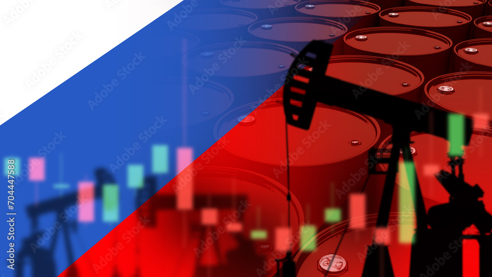 Oil production in Russia. Barrels with flag of Russian federation. Urals oil price chart. Import of petrolium from Russia. Oil and gas industry. Silhouette of pump for petroleum extraction. 3d image