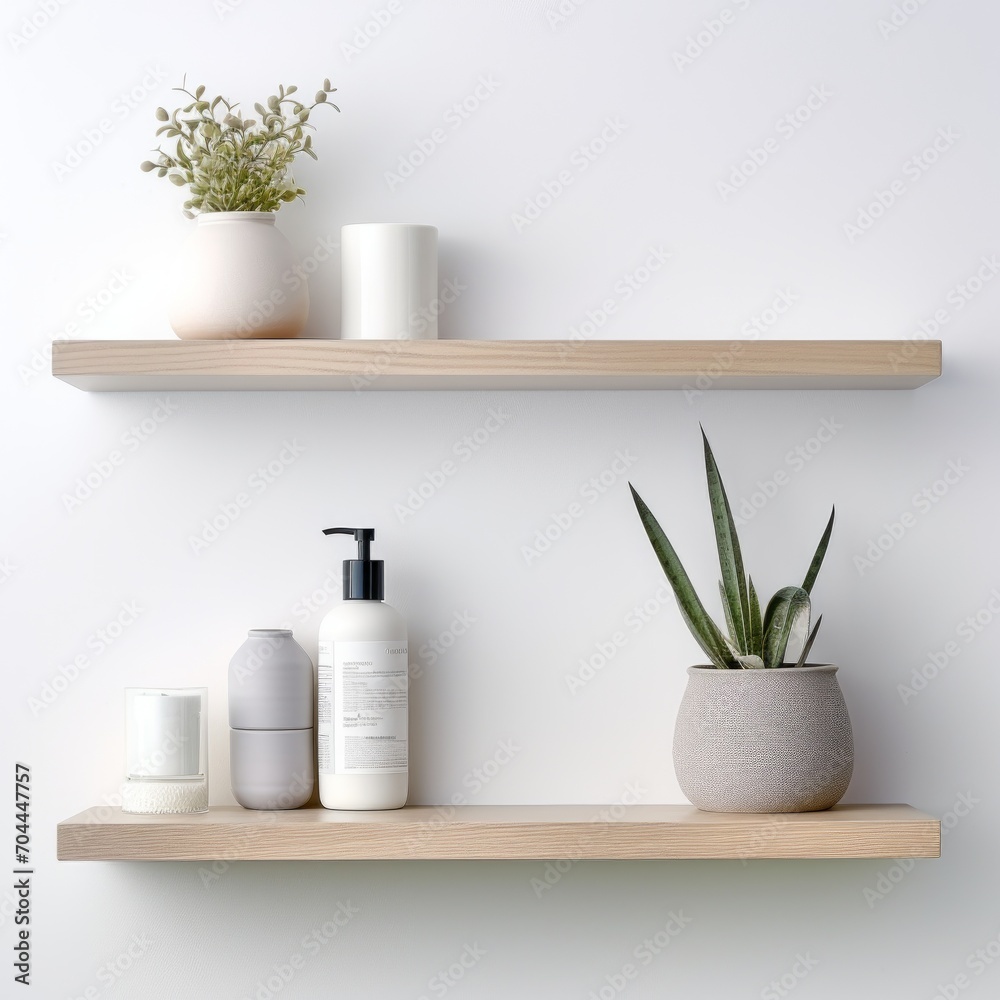 Stock image of a wall-mounted shelf on a white background, space-saving, display and storage Generative AI Stock image of a wall-mounted shelf on a white background, space-saving, display and storage Generative AI