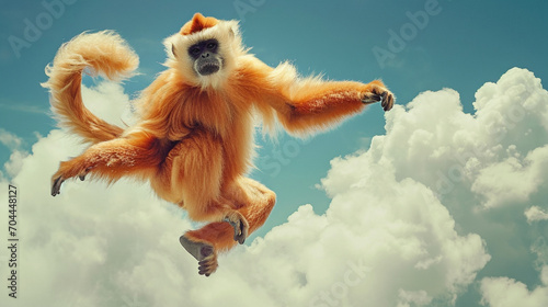 Canvas Print Under the blue sky and white clouds, a golden monkey jumps down from a high plac