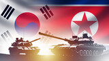 Military conflict North and South Korea. Military tanks near flags. Confrontation with DPRK. Escalation on border of North and South Korea concept. Cold war between two states. 3d image