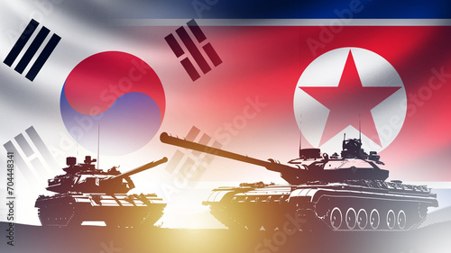 Military conflict North and South Korea. Military tanks near flags. Confrontation with DPRK. Escalation on border of North and South Korea concept. Cold war between two states. 3d image photo