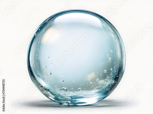 Transparent water droplets opaque glass sphere with glares and shadow on white.