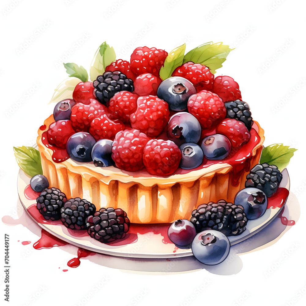 Berry Tart, Mix berry, Fruits and Food, Watercolor illustrations Berry Tart, Mix berry, Fruits and Food, Watercolor illustrations