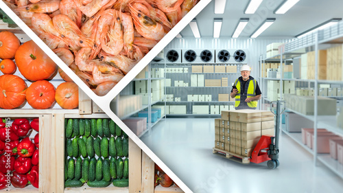 Supermarket refrigerated warehouse. Shrimp and vegetables near freezer. Man with boxes inside refrigerator. Industrial refrigerator for food storage. Cold storage with shrimps and cucumbers photo