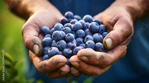 close-up of a man's hands holding a lot of blueberries, harvesting in the garden Generative AI
