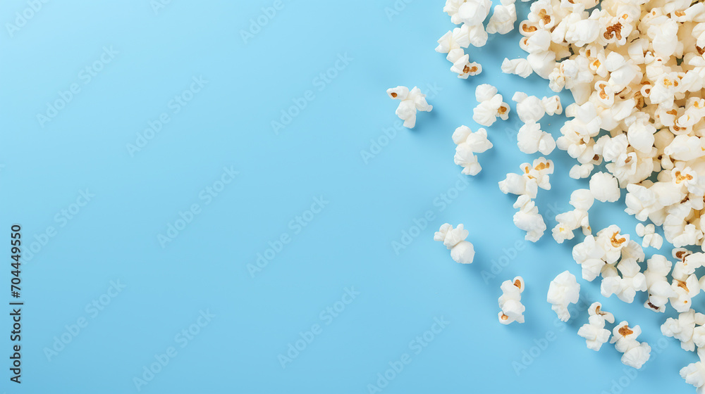 popcorn scattered on blue background. copy space for banner