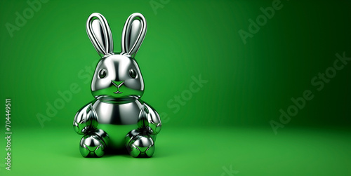 A banner with a figurine of a metallic silver rabbit on a green background. Copy space