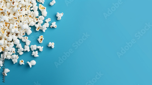 popcorn scattered on blue background. copy space for text photo