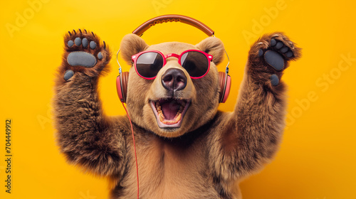 happy bear dancing with headphones and sunglasses on yellow backdrop photo