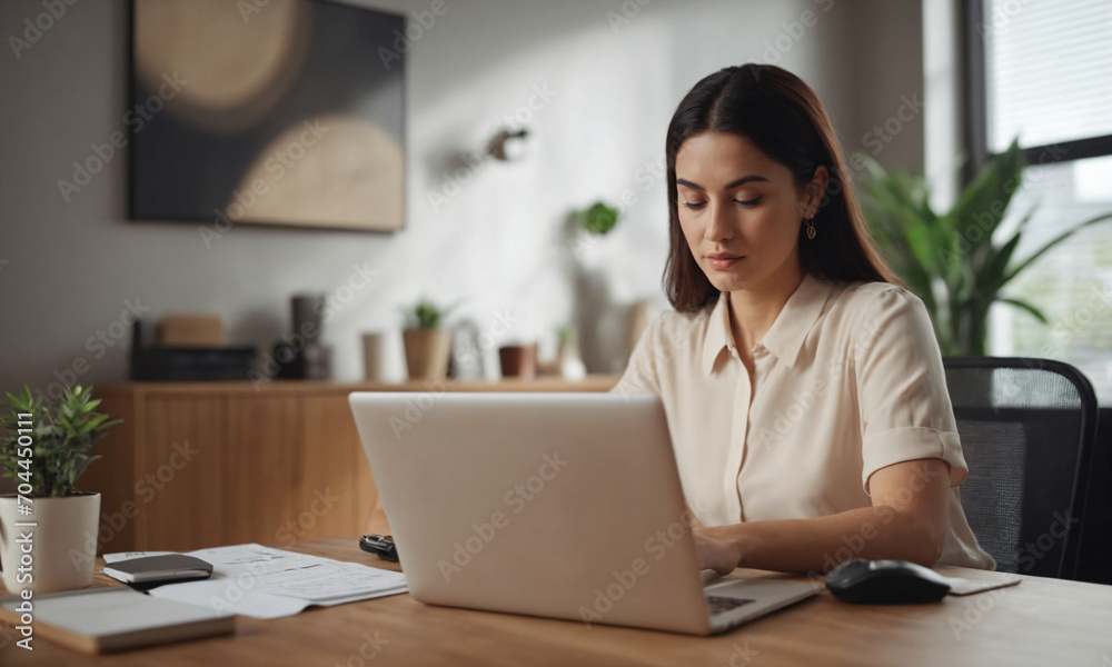 Focused professional working from home office, online work from home, online business, created with Generative AI Focused professional working from home office, online work from home, online business, created with Generative AI