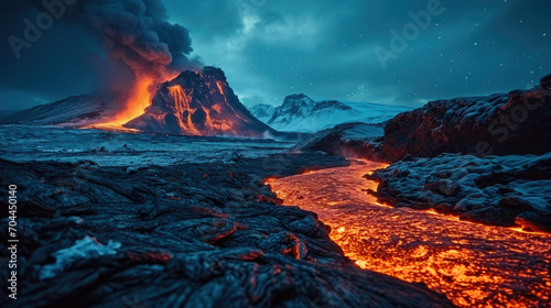 Volcano eruption in Scandinavian with lava flowing at night with aurora in background..