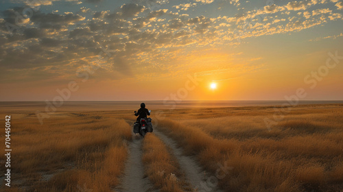 motorcycle trip at sunset, steppe trip, sun and dry grass, freedom