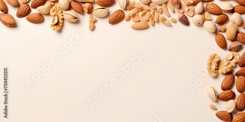 flat lay with nuts. set of different nuts, hazelnuts, cashews, walnuts, pistachios, almonds, macadamia. top view, with space for text