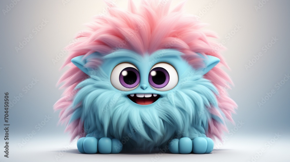 A cute and unknown Yeti cartoon character with pink and blue fur, a hairy Halloween monster isolated on a white background.