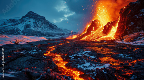 Volcano eruption in Scandinavian with lava flowing at night with aurora in background..