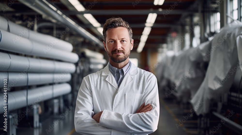 A portrait of an engineer standing in the dyeing area of a textile factory A portrait of an engineer standing in the dyeing area of a textile factory
