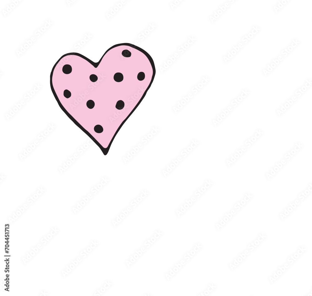 Simple hand drawn decorative pink heart isolated in doodle flat style. Pattern of dots. Design element, clip art, symbol of love