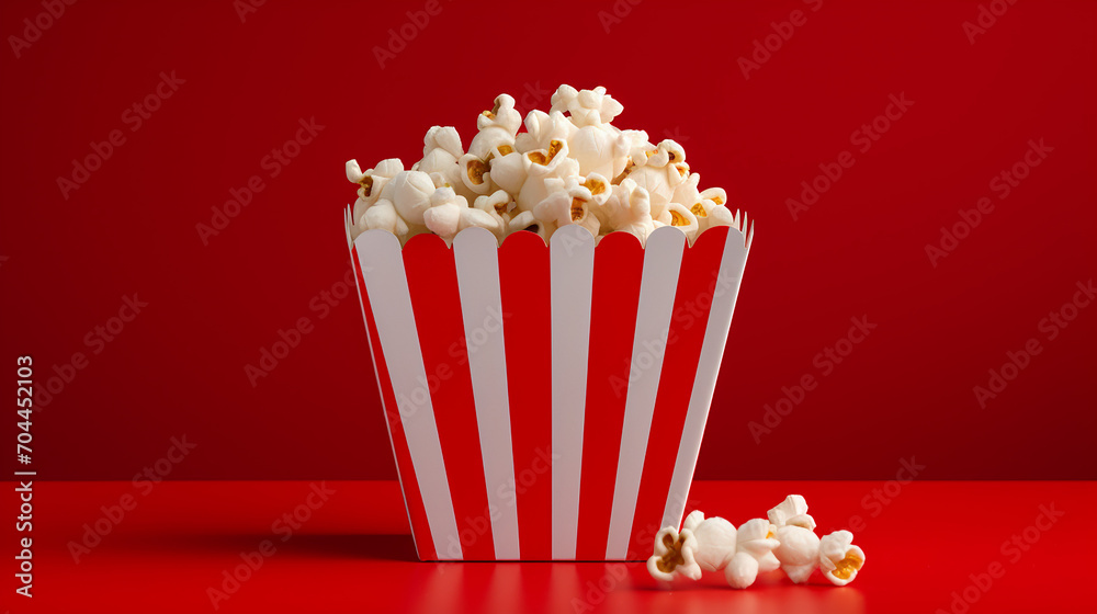 striped box full with popcorn on red background striped box full with popcorn on red background