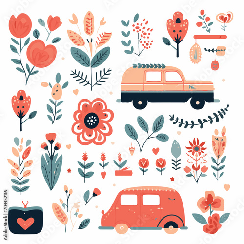illustration of a set of valentine day. Set of Valentine's day bohemian clipart, valentine's truck, florals, hearts, cake. Boho Valentine's day clipart vector love elements on white background