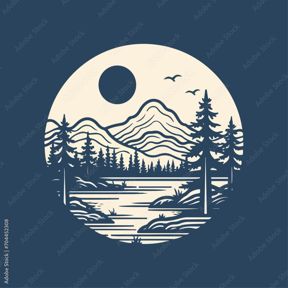 nature valley and lake logo badge icon illustration