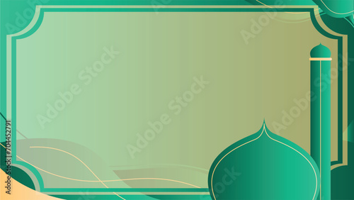 A green frame with a mosque in the middle, isra' mikraj Eid and Ramadan designs, Islamic events, and cultural or religious themed projects. Celebrate Islamic traditions with this versatile asset.