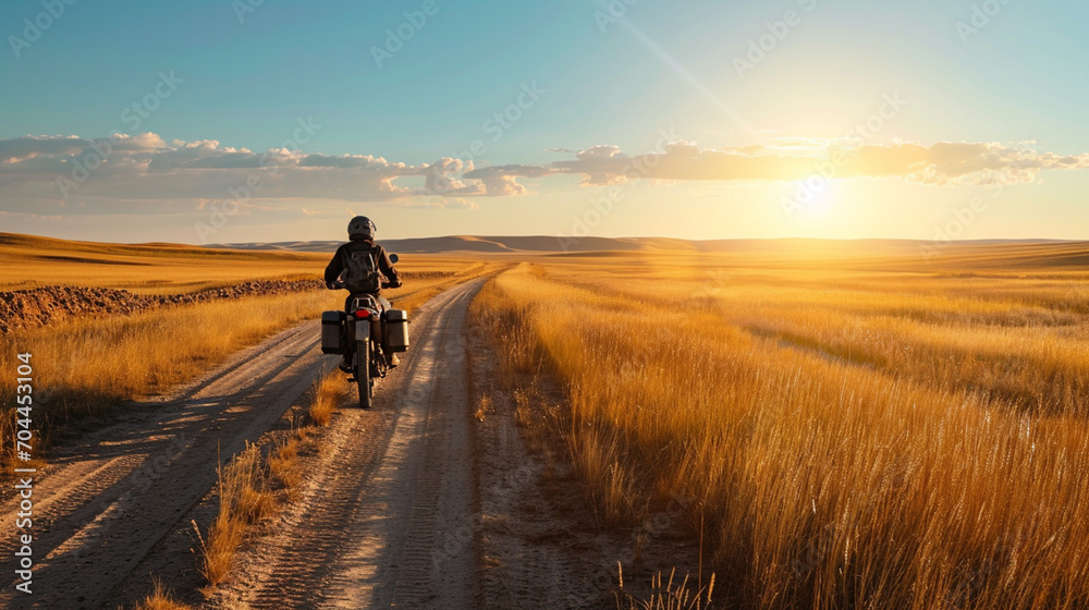 motorcycle trip at sunset, steppe trip, sun and dry grass, freedom - obrazy, fototapety, plakaty 