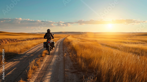 motorcycle trip at sunset, steppe trip, sun and dry grass, freedom photo