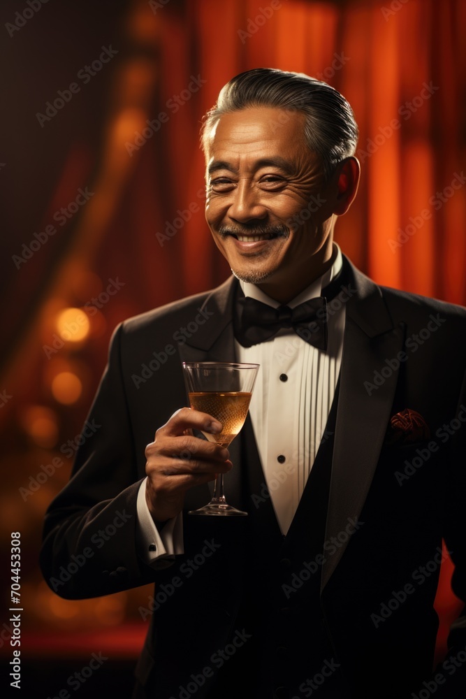 Portrait of an Asian man in a tuxedo toasting Chinese New Year