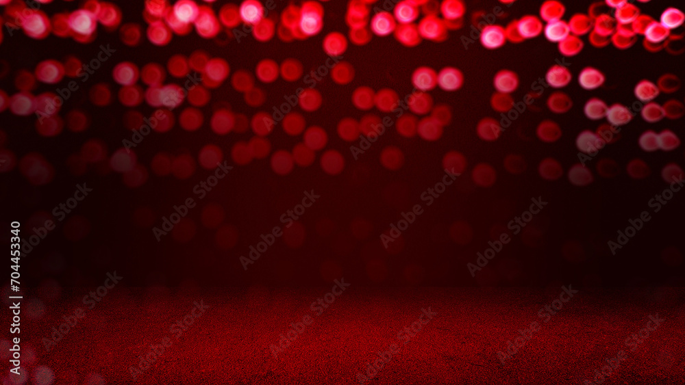 red cement floor with red light circles bokeh used for Christmas or Valentines day festive background. red sparkle glitter abstract background. gradient red background with bokeh flowing. - obrazy, fototapety, plakaty 