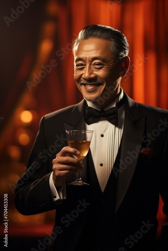 Portrait of an Asian man in a tuxedo toasting Chinese New Year
